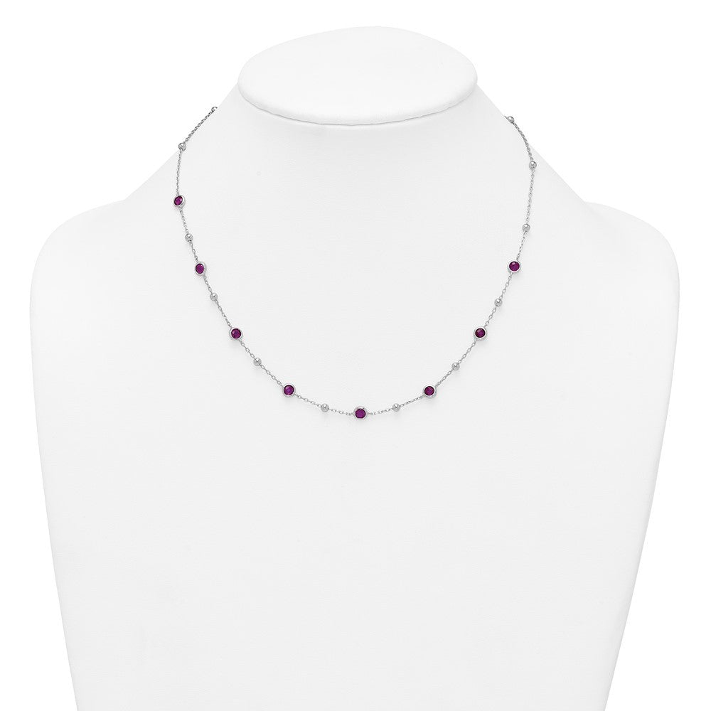 Sterling Silver and Beaded Bezel-set Round Red CZ 16" with 2" Extension Necklace