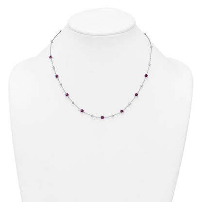 Sterling Silver and Beaded Bezel-set Round Red CZ 16" with 2" Extension Necklace