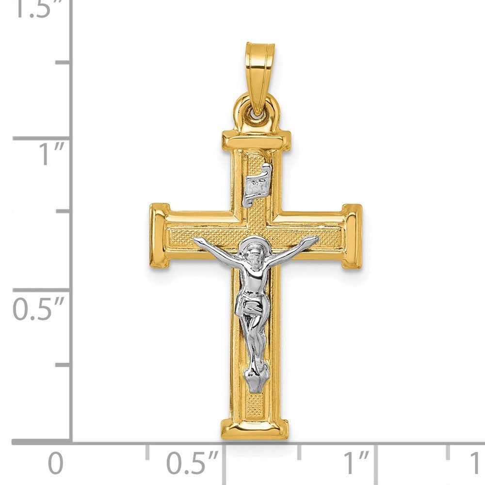 14k Yellow Gold with White Rhodium Polished Textured INRI Crucifix Cross Pendant