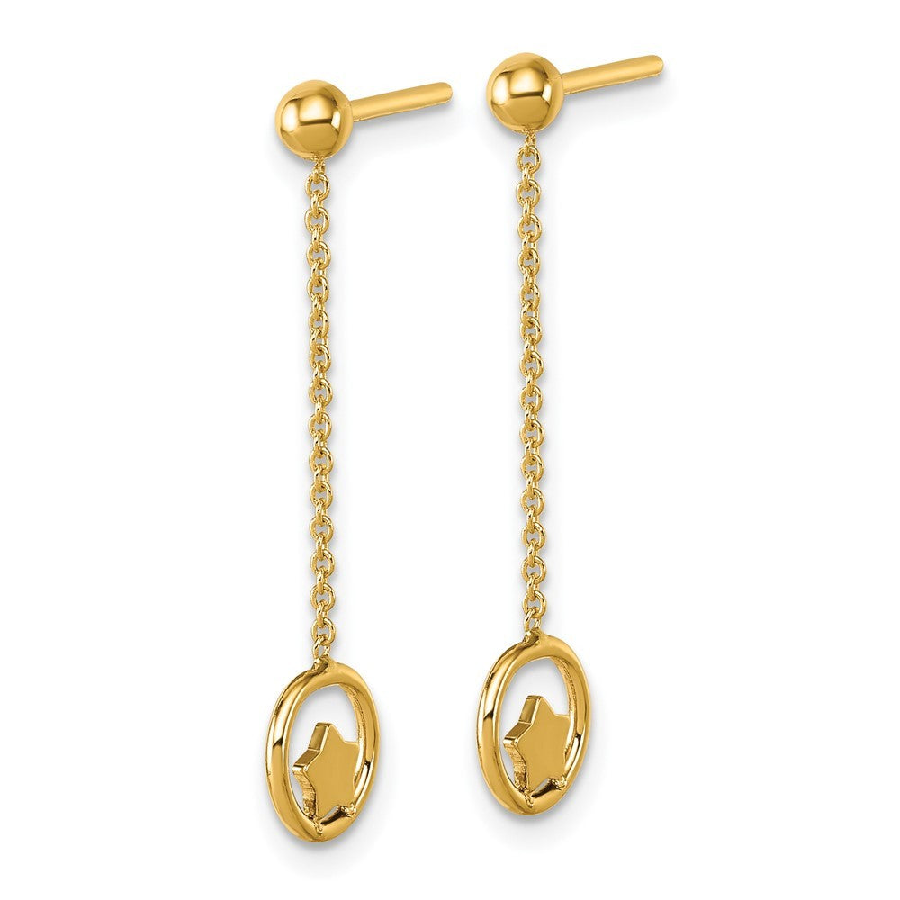 14k Yellow Gold Polished Star in Circle with Chain Dangle Earrings
