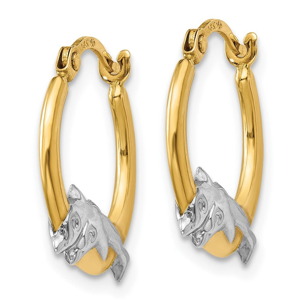 14k Yellow Gold & Rhodium Dolphin Hoop Earrings Gift for Women
