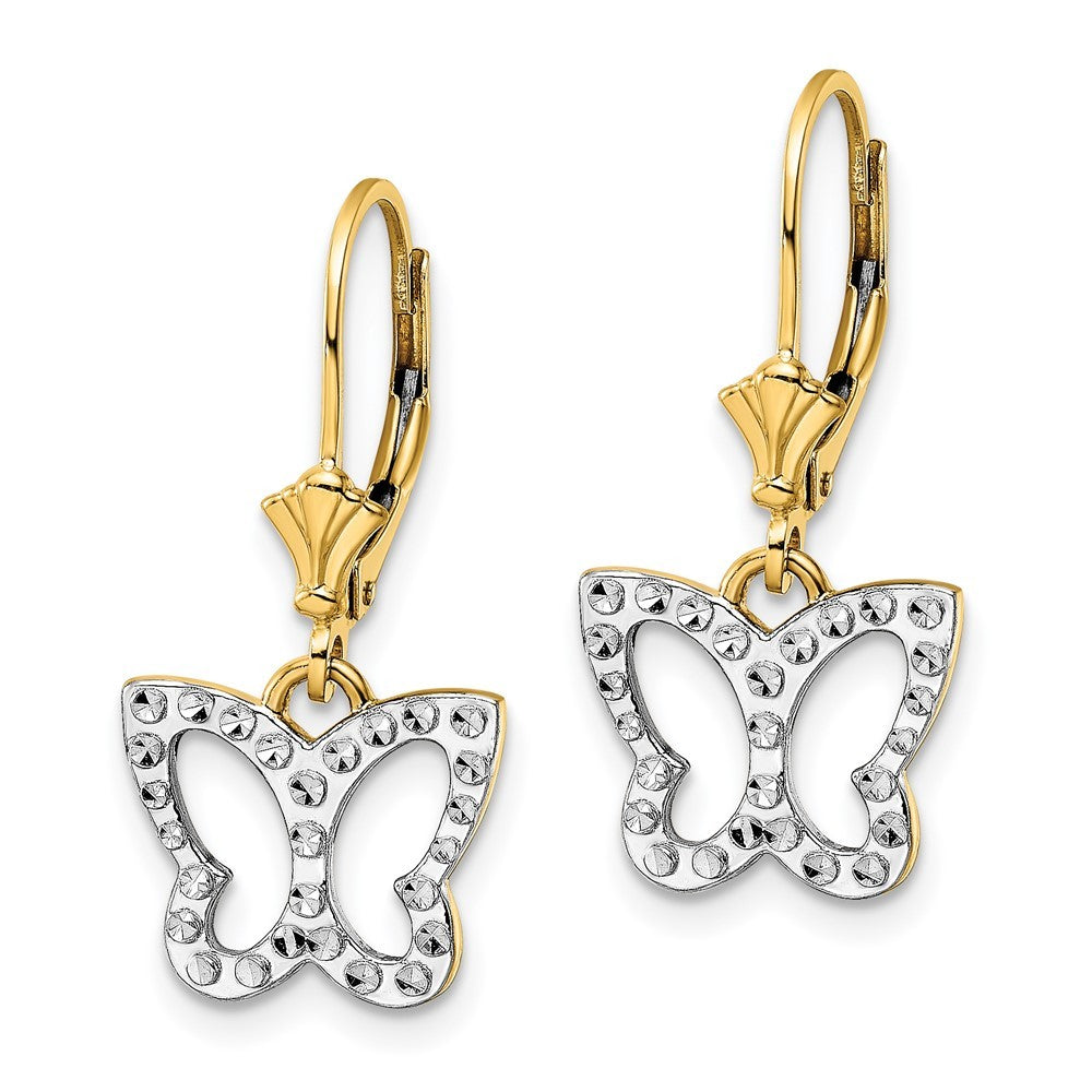 14k Yellow Gold & White Rhodium Diamond-Cut Butterfly Drop Dangle Earrings