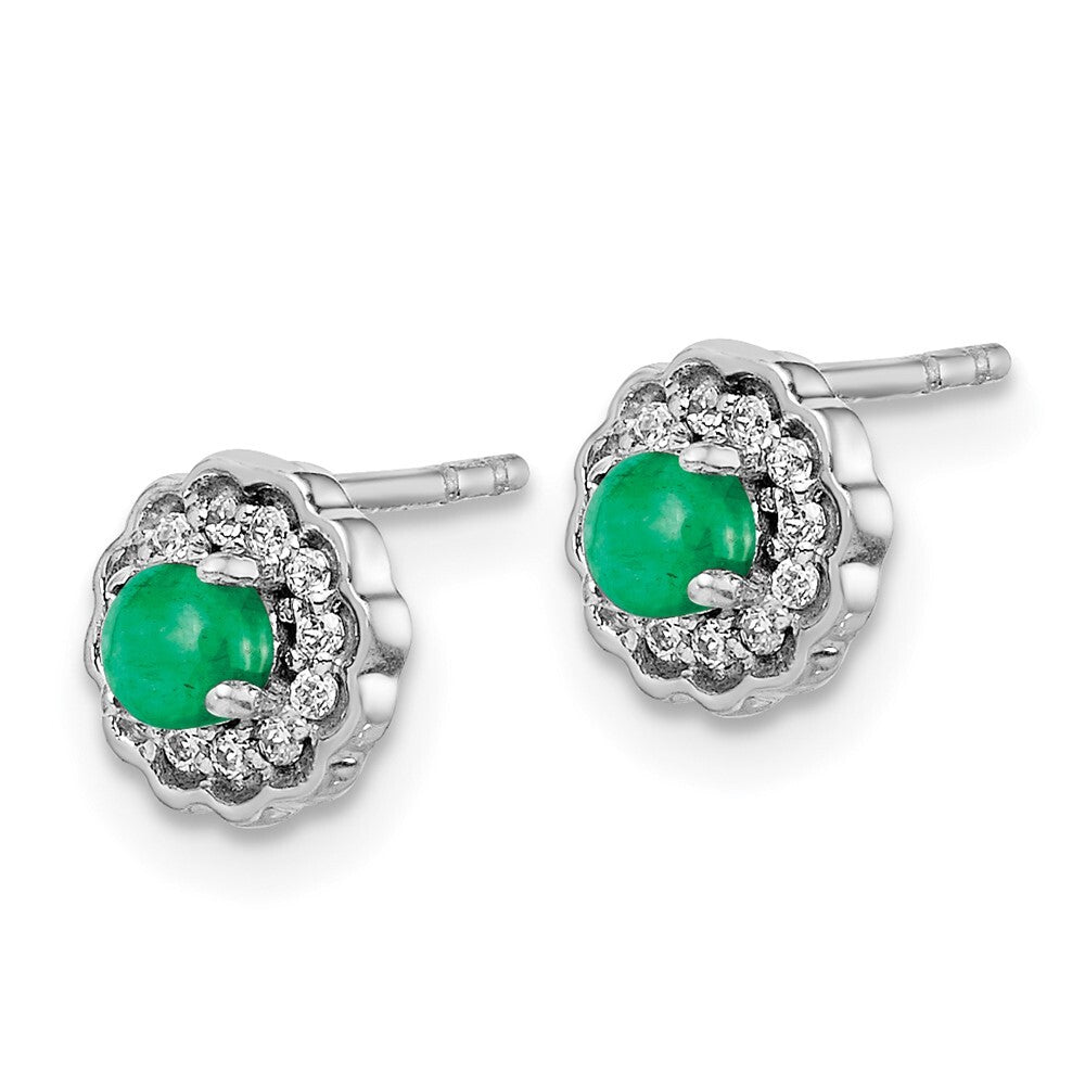 14k White Gold Diamond and Cabochon Emerald Stud Earrings