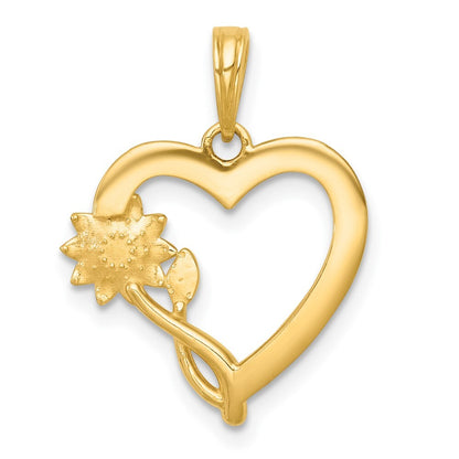 14k Yellow Gold with White Rhodium Polished Flower On Heart Charm Pendant