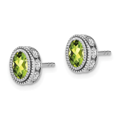14k White Gold Oval Peridot and Diamond Stud Earrings