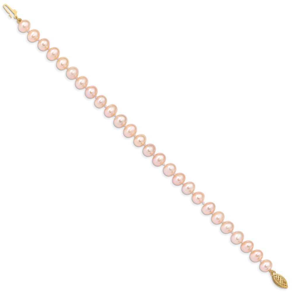 14k Yellow Gold 7-8mm Pink Near-Round Freshwater Cultured Pearl 7.5" Bracelet