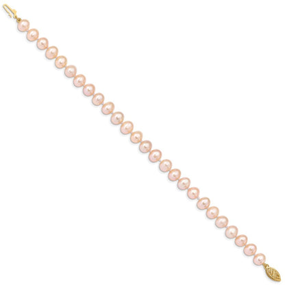 14k Yellow Gold 7-8mm Pink Near-Round Freshwater Cultured Pearl 7.5" Bracelet