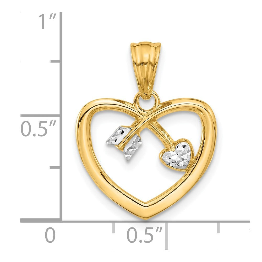 14k Yellow Gold with White Rhodium Diamond-cut Heart Arrow Pendant