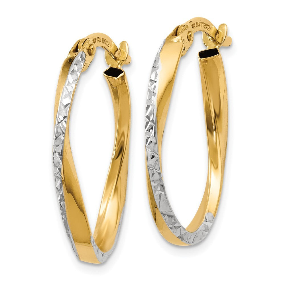 14k Yellow Gold w/White Rhodium Textured and Polished Oval Hoop Earrings