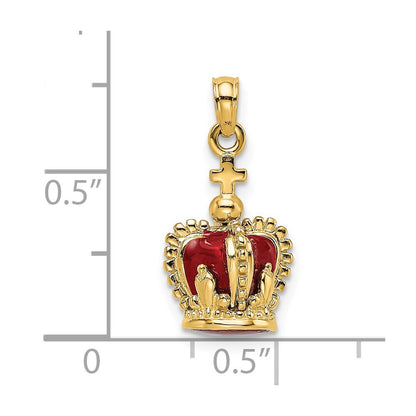 14k Yellow Gold 3-D  Red Enamel Inside Crown  Cross On top Charm Pendant