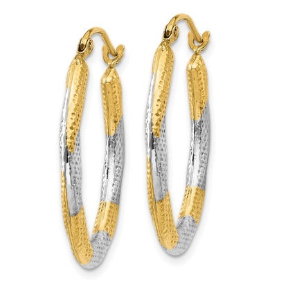 14k Yellow Gold & Rhodium Textured Hollow Oval Hoop Earrings