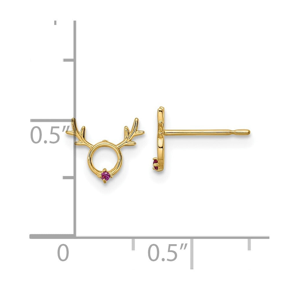 14k Yellow Gold Red Cubic Zirconia Reindeer Stud Earrings Gift for Women