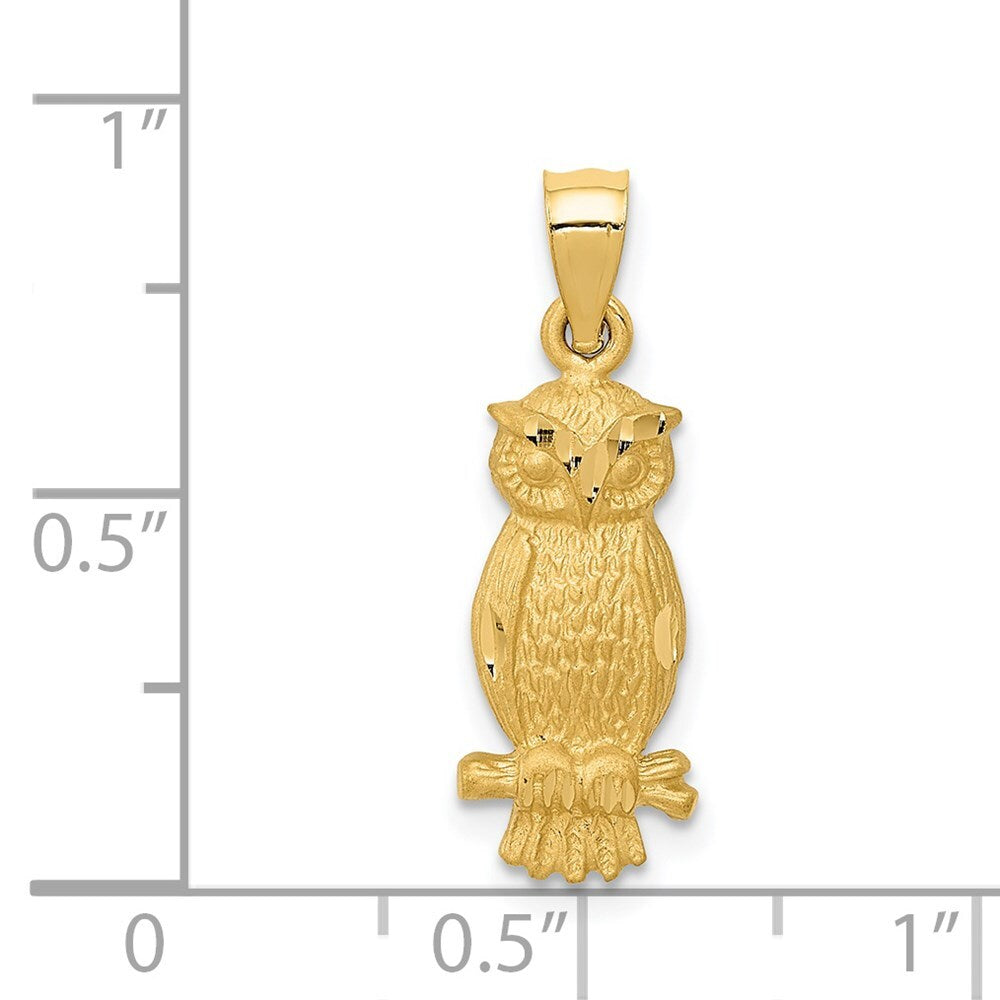 14k Yellow Gold Satin Diamond-cut Owl Pendant for Women