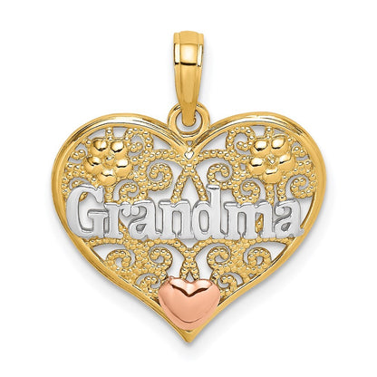 14k Two-tone Gold White Rhodium GRANDMA In Filigree Heart Charm Pendant