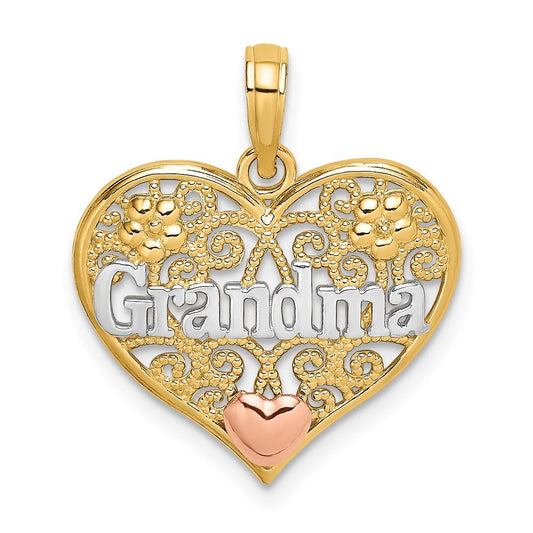 14k Two-tone Gold White Rhodium GRANDMA In Filigree Heart Charm Pendant