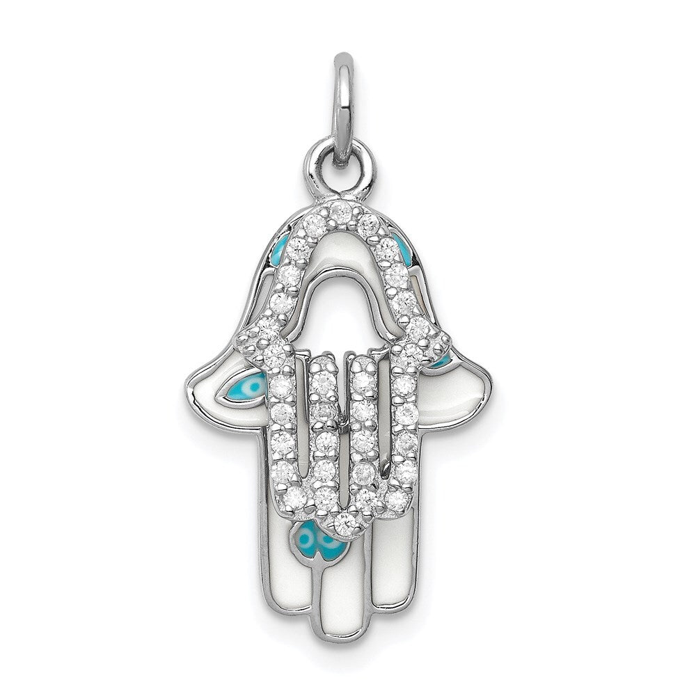 Sterling Silver Rhodium-plated Enamel Hamsa w/Cubic Zirconia pendant