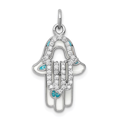 Sterling Silver Rhodium-plated Enamel Hamsa w/Cubic Zirconia pendant