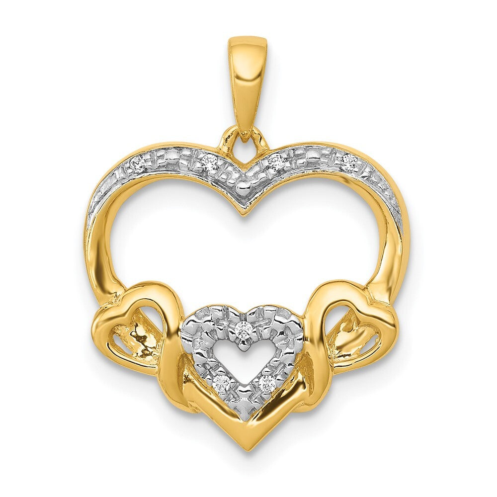 14k Yellow Gold .03ct. Diamond and Rhodium Heart 3 Smaller Hearts Pendant