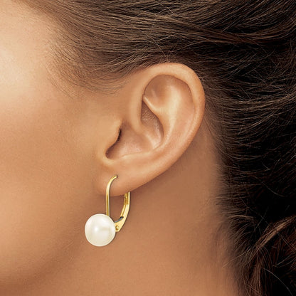 14k Yellow Gold 7-8mm White Button Freshwater Cultured Pearl Leverback Earrings