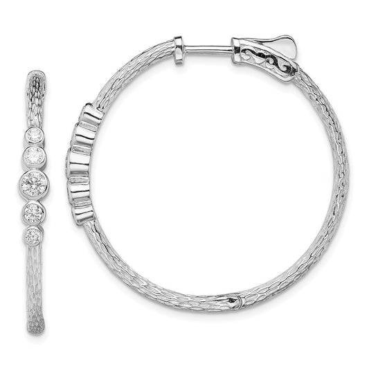 Sterling Silver Rhodium-plated Cubic Zirconia Textured Hoop Earrings