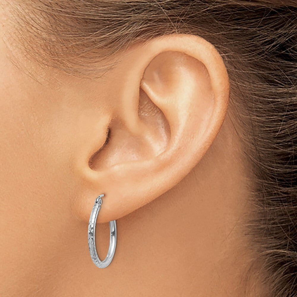 14k White Gold Diamond-cut 2mm Round Tube Hoop Earrings Gift for Women