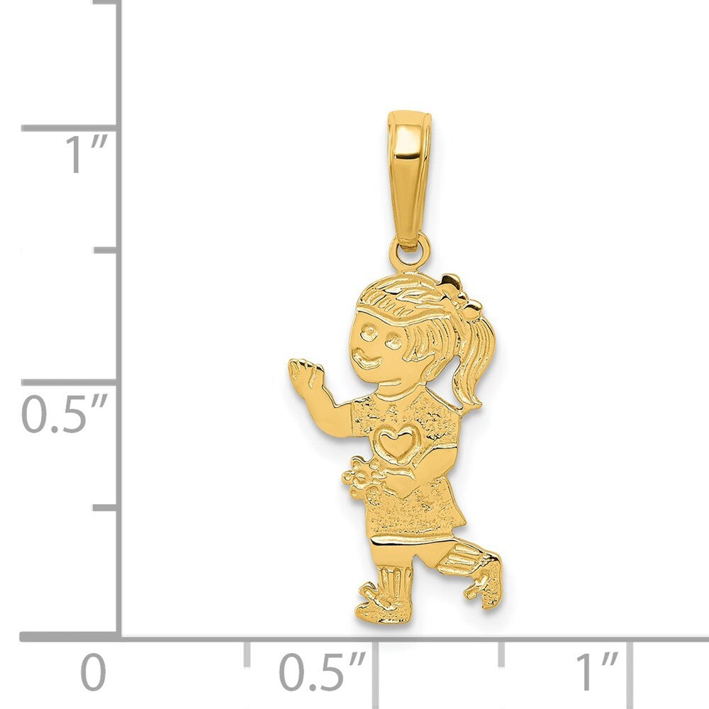 14k Yellow Gold Little Girl Walking with Flowers Pendant for Women