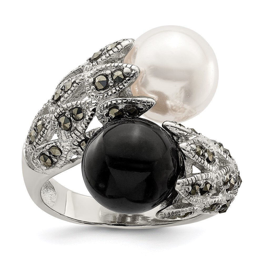 Sterling Silver Black and White Plastic Imitation Pearl Marcasite Ring Size 7