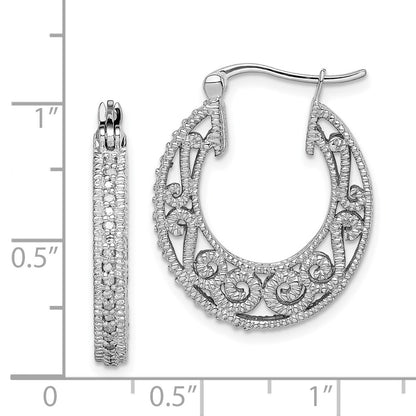 Sterling Silver Rhodium Diamond Hinged Hoop Earrings