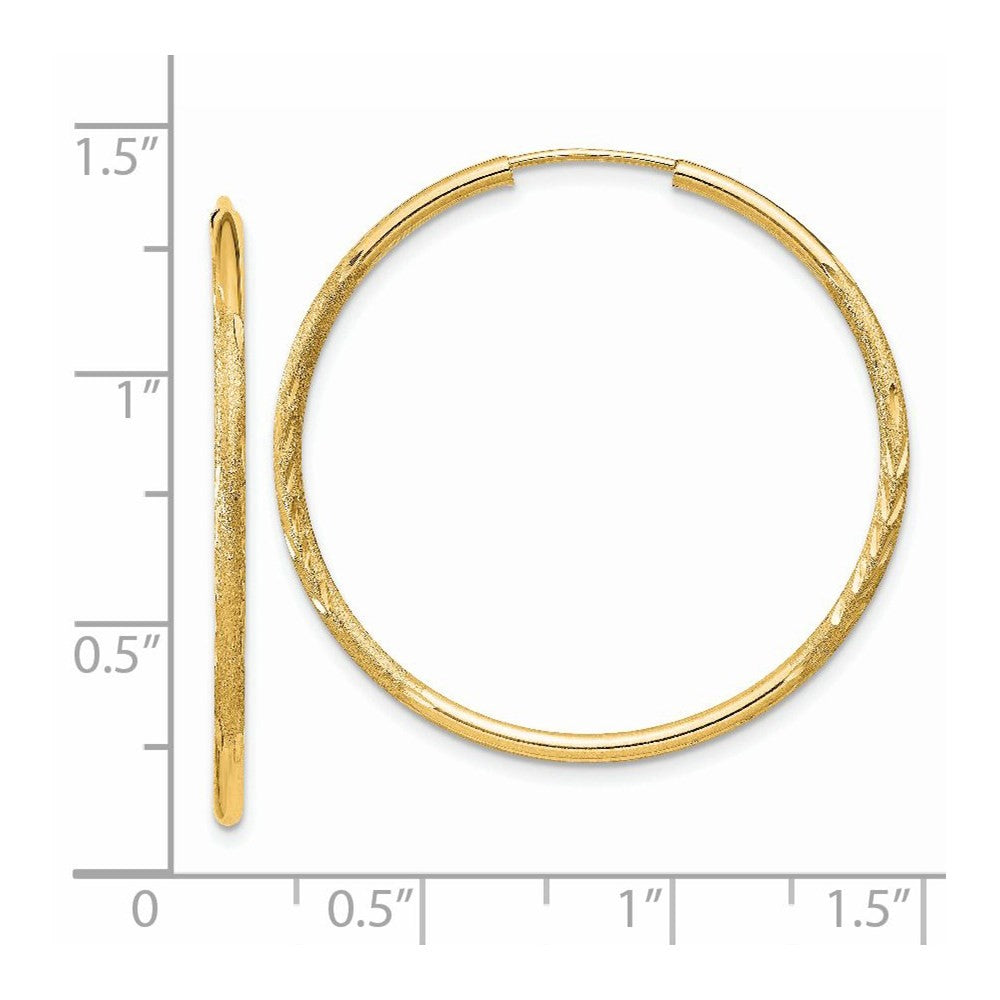14k Yellow Gold 1.5mm Satin Diamond-cut Endless Hoop Earrings