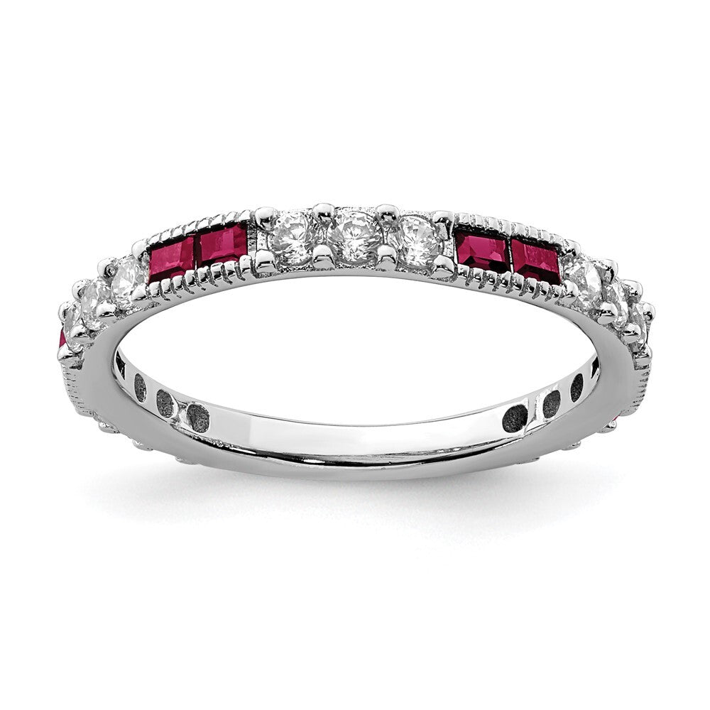 Sterling Silver Rhodium-plated Created Ruby and Round Cubic Zirconia Band Size 7