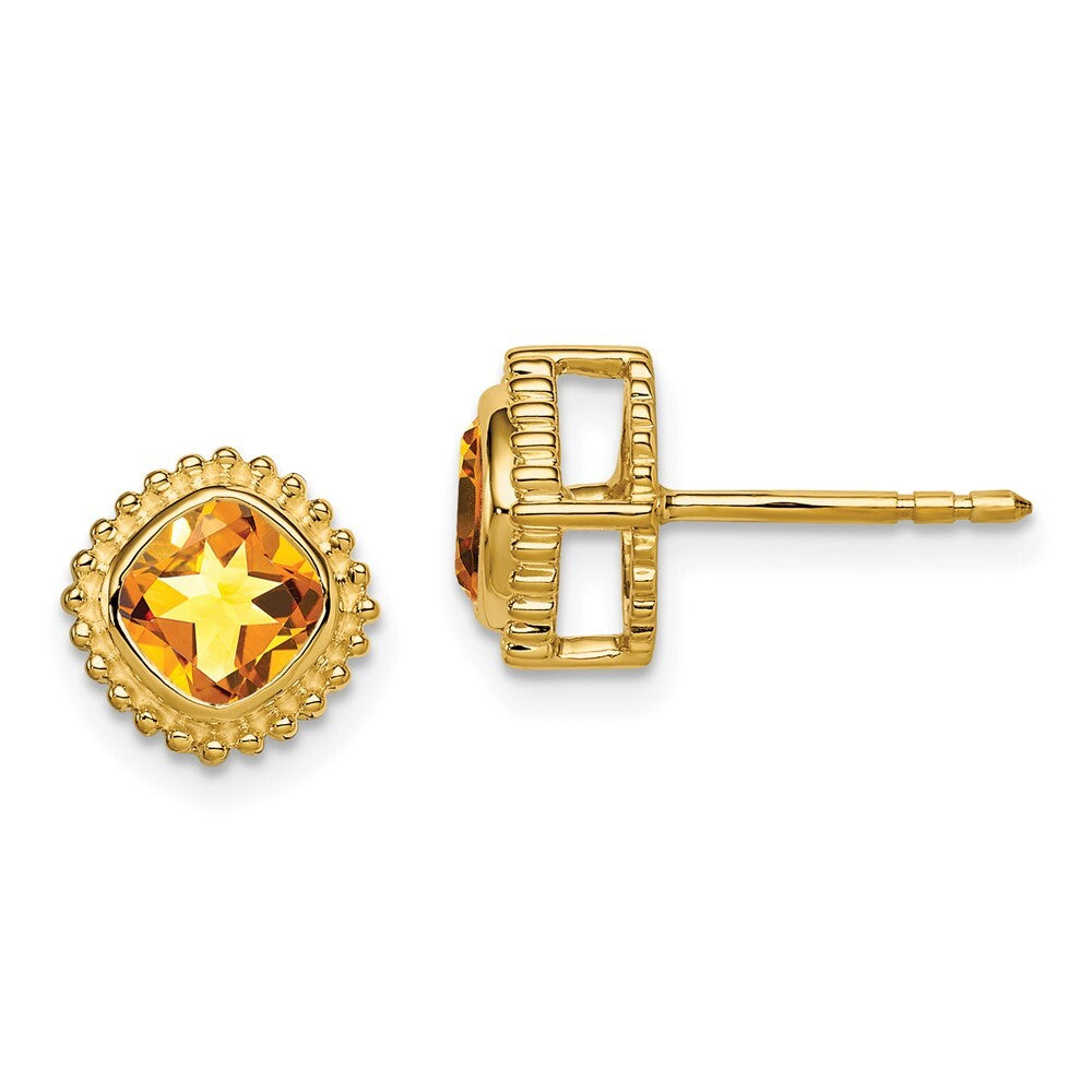 14k Yellow Gold Cushion Citrine Stud Earrings