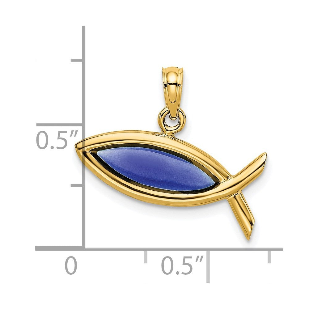 14k Yellow Gold Horizontal Blue Enameled Ichthus Charm