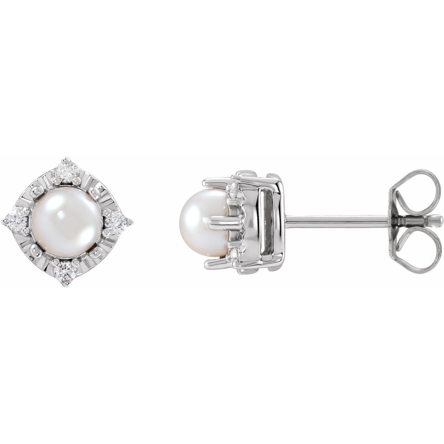 Sterling Silver Cultured Freshwater Pearl & .08Ct Diamond Halo Stud Earrings