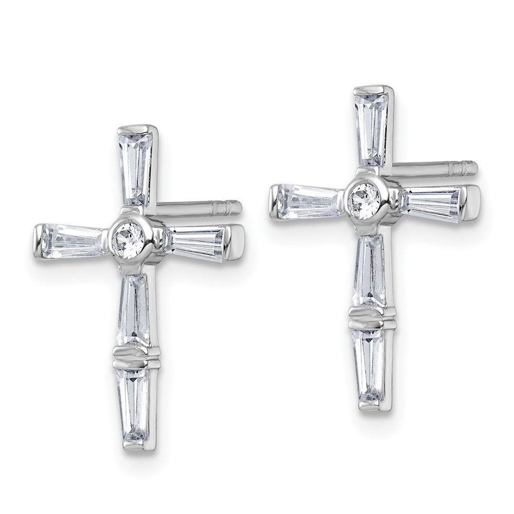 Sterling Silver Rhodium-plated Polished White Baguette CZ Cross Earrings