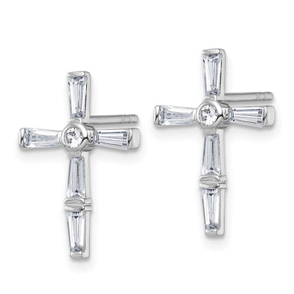 Sterling Silver Rhodium-plated Polished White Baguette CZ Cross Earrings