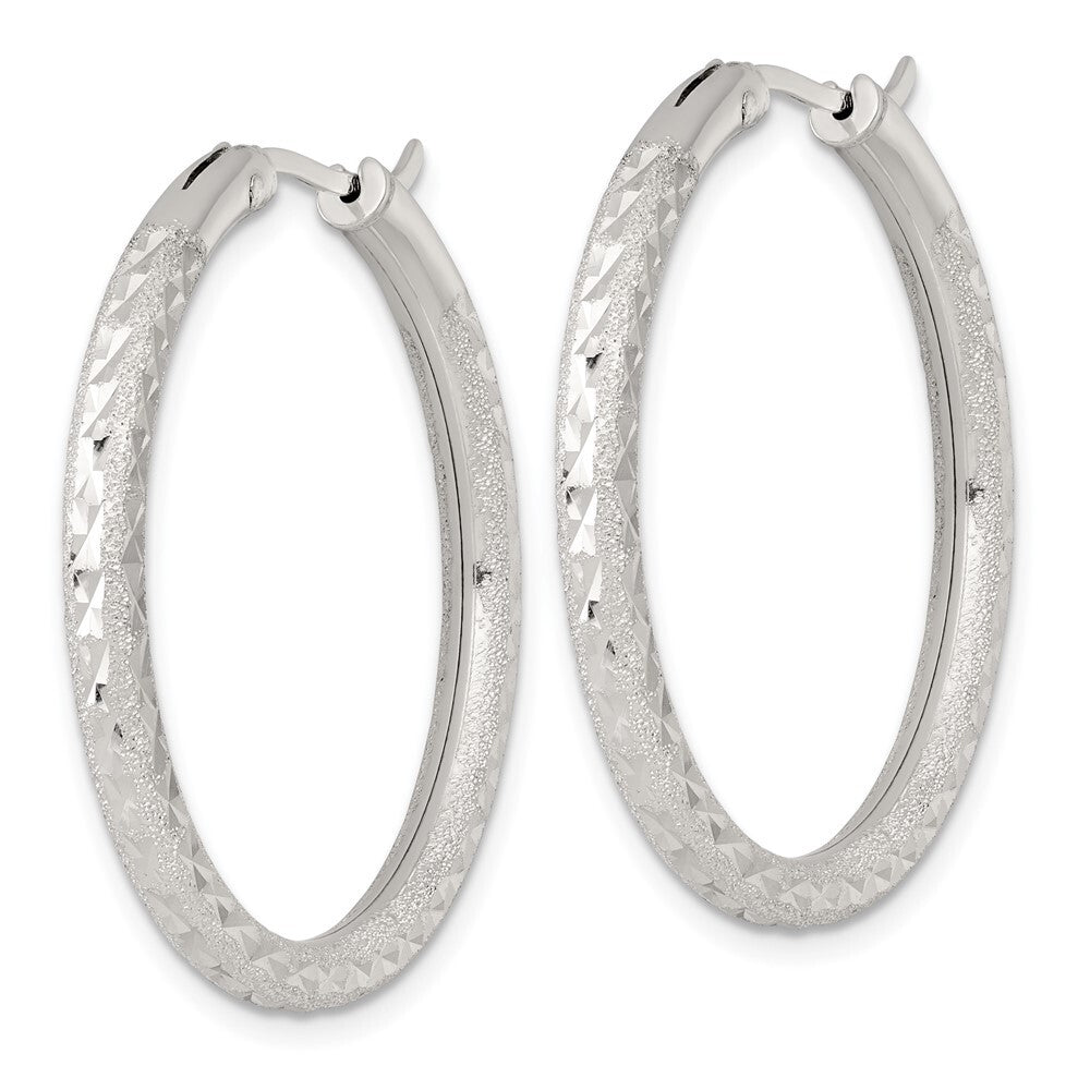 Sterling Silver Laser and Diamond-cut 35x3.25mm Hidden Catch Round Hoop Earrings
