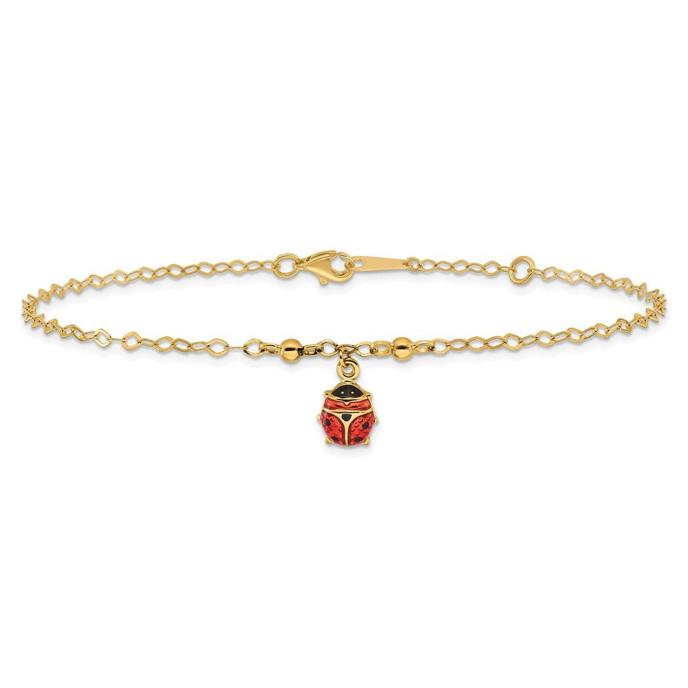 14k Yellow Gold Red and Black Enameled Ladybug 10" Anklet