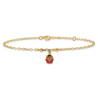 14k Yellow Gold Red and Black Enameled Ladybug 10" Anklet