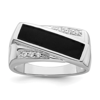 Sterling Silver Rhodium-plated CZ & Onyx Ring Size 11