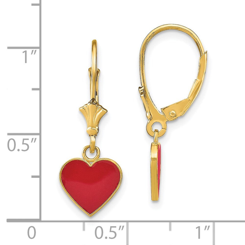 14k Yellow Gold Polished Enameled Heart Dangle Leverback Earrings