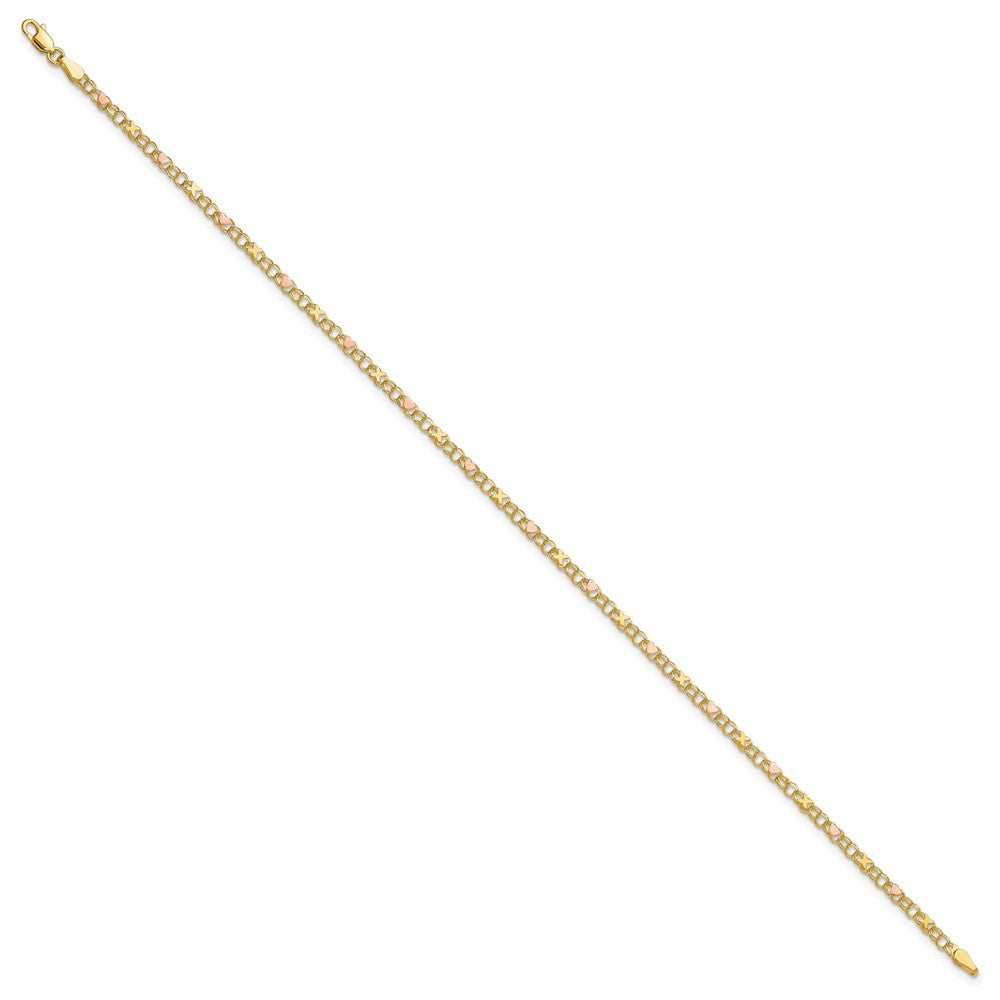 14k Polished and Satin Rose-plated X-and-Heart 10 inch Anklet