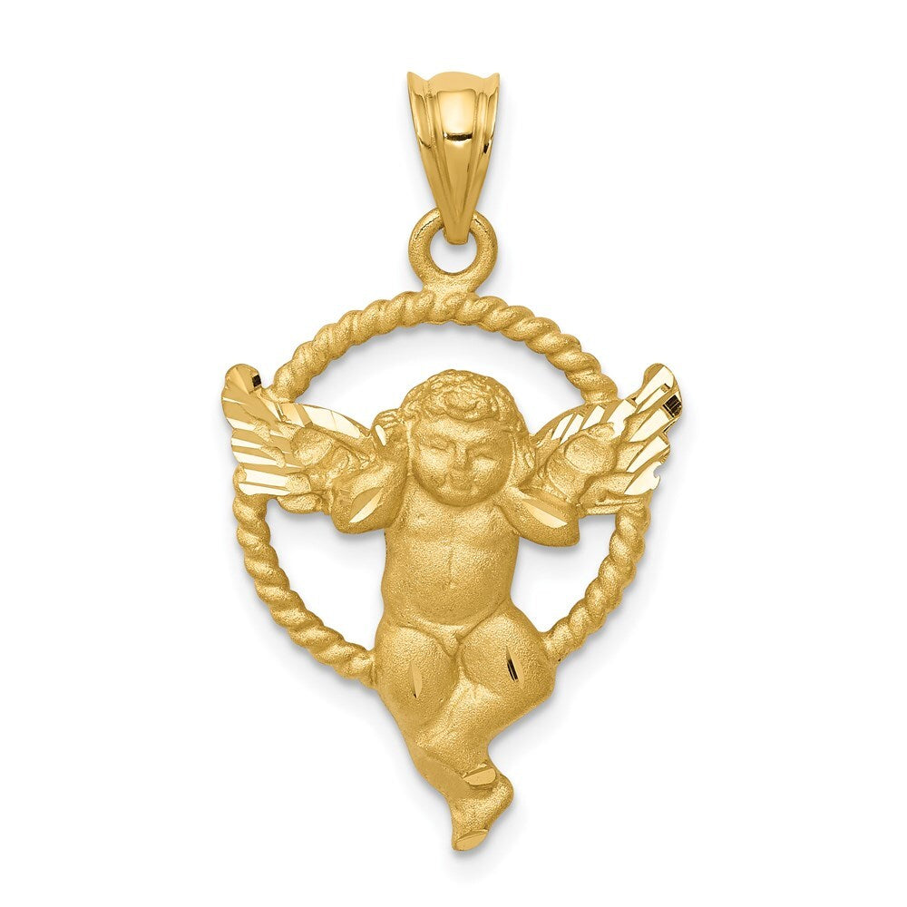 14k Yellow Gold Satin Angel in Circle Pendant