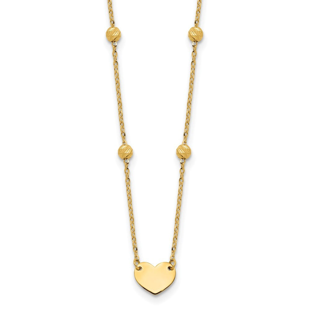 14k Yellow Gold  Heart and Diamond-cut Beads 15.5" Necklace Plus 2" Extender