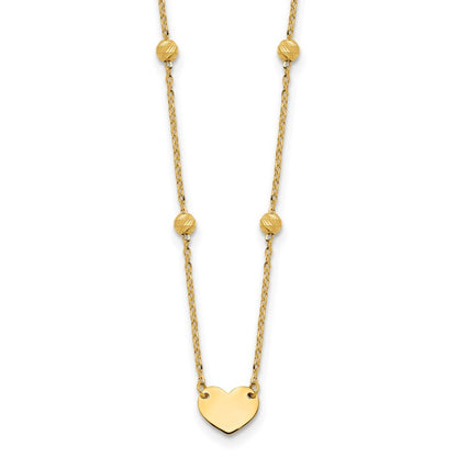 14k Yellow Gold  Heart and Diamond-cut Beads 15.5" Necklace Plus 2" Extender
