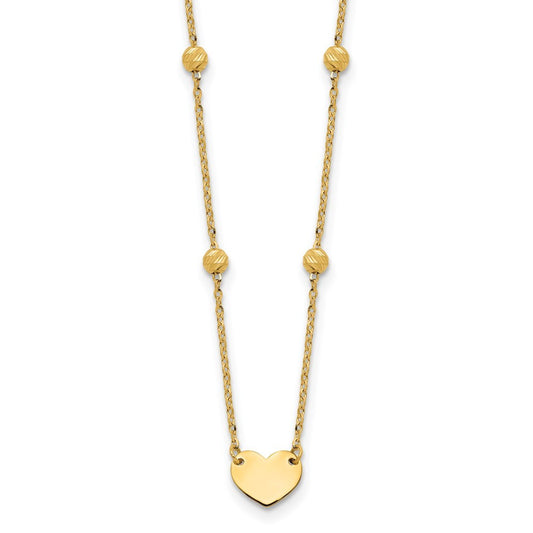 14k Yellow Gold  Heart and Diamond-cut Beads 15.5" Necklace Plus 2" Extender