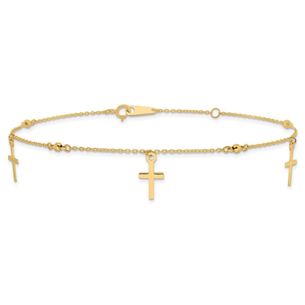 14k Yellow Gold Diamond-cut 3 Cross Dangles and Beads 10" Anklet