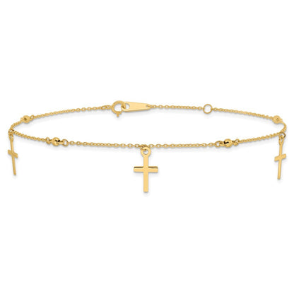 14k Yellow Gold Diamond-cut 3 Cross Dangles and Beads 10" Anklet