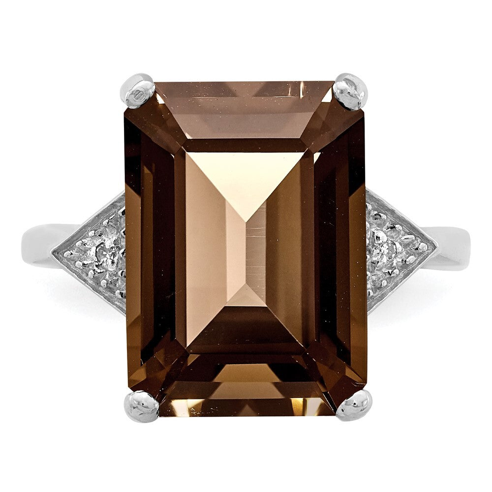 Sterling Silver Rhodium Smoky Quartz & Diamond Ring Size 6