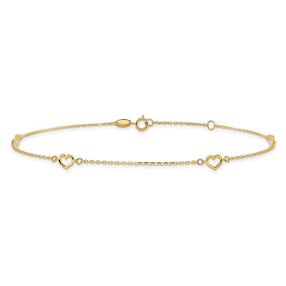 14k Yellow Gold Open Hearts 4-Station 11" Anklet