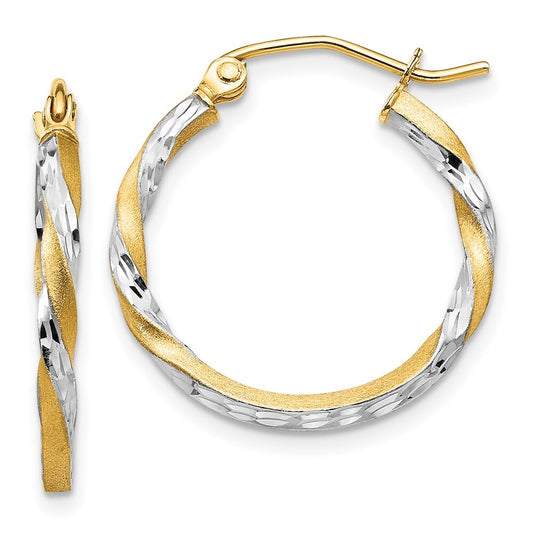 14k Yellow Gold & Rhodium Satin Diamond Cut Twisted Hoop Earrings